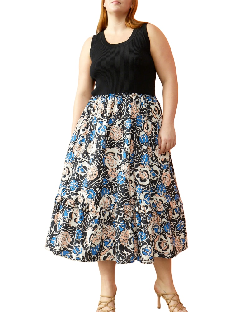 Front of a model wearing a size M Devon Dress in BLACK MULTI by Tanya Taylor. | dia_product_style_image_id:283327